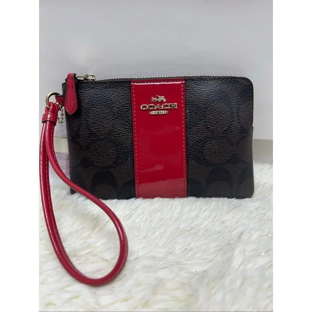 New! Coach Wristlet Wallet Brown True Red in Signature Canvas F54460
